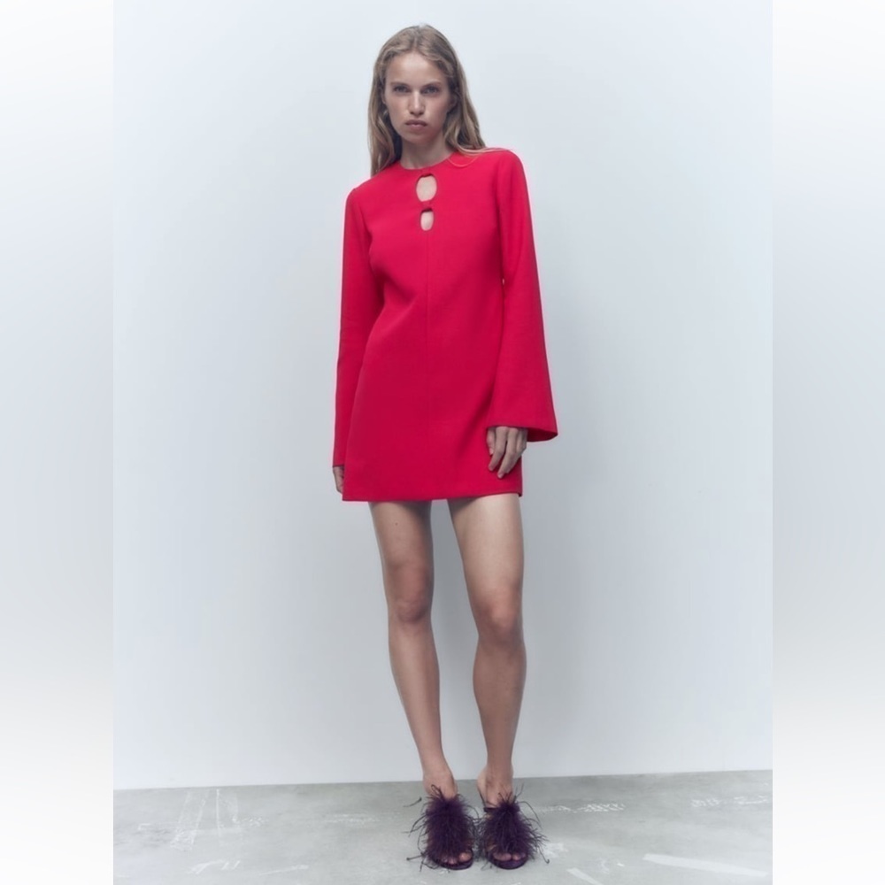 Nwt Zara Neon Fuschia Cutout Long Sleeve Mini Dress Size XS